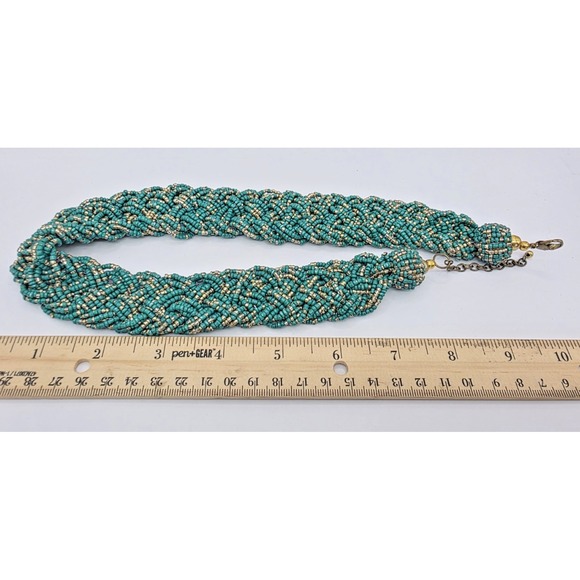 Teal & Gold Seed Bead Multi Strand Necklace Chocker Vintage 18-20.5" Boho - Picture 8 of 8